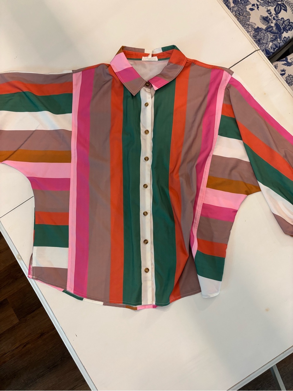 entro Multicolor Vertical Stripe Button-Down Shirt in Pink, Green & Orange
